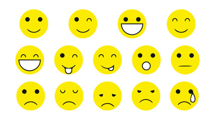 Emoticon set of 14 different face emotion gesture, facial expression, etymology, mood, vector design, favicon, minimal, creative, symbol, sign, premium business typeface.