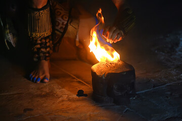 skull fire ritual maya, gloomy night dark magic ritual dance indians background