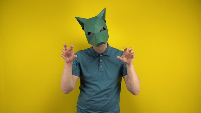 A young man in a cardboard jackal mask depicts an animal and looks at the camera on a yellow background. Man in a green polo and mask.