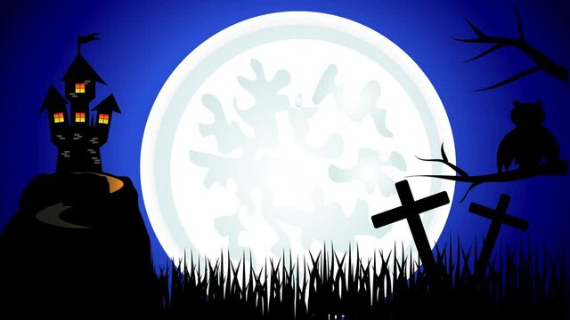 Halloween Spooky Dark Background - Witch Flying over the moon and haunted house with ghosts - 4K animation Halloween Background