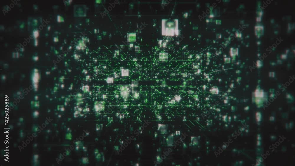 Poster a social network with a flow of unrecognizable people portraits moving along green network grid and 