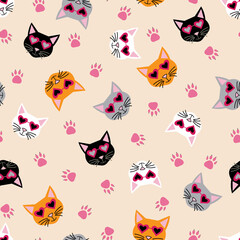 Colorful cool cats with heart sunglasses and paw prints vector illustration on tan repeat seamless background pattern design.