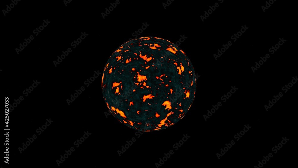 Poster simulation of a hot planet or other cosmic body on a black background. 3d rendering image.