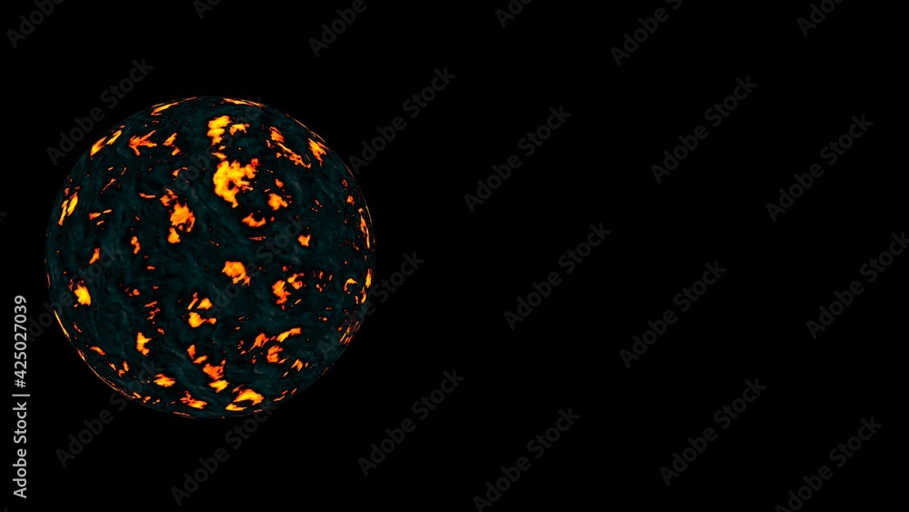 Poster simulation of a hot planet or other cosmic body on a black background. 3d rendering image.