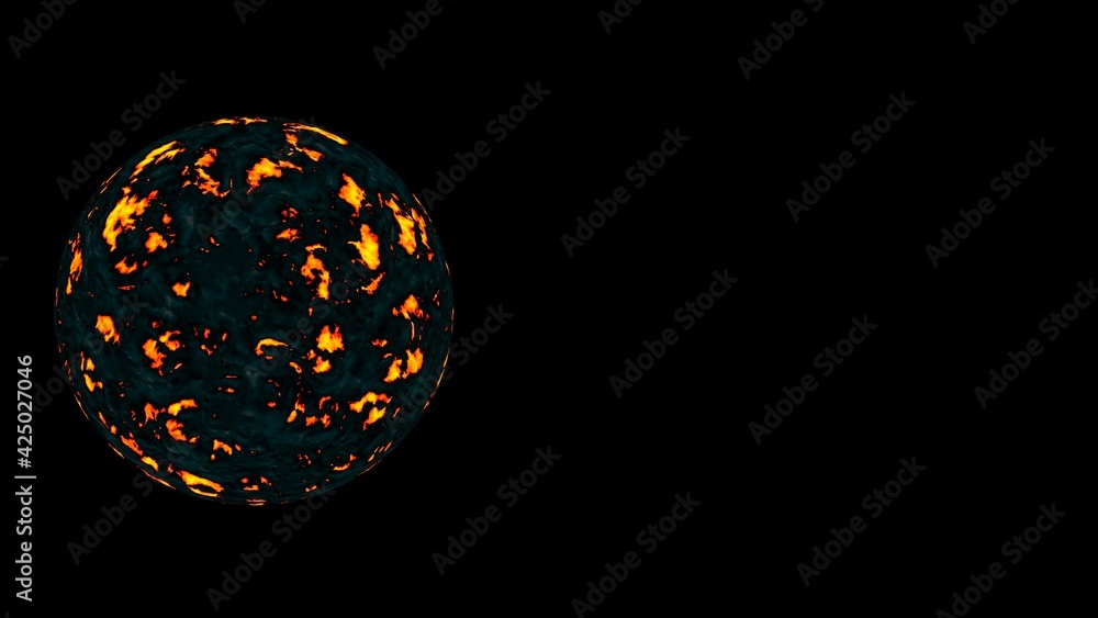 Poster simulation of a hot planet or other cosmic body on a black background. 3d rendering image.