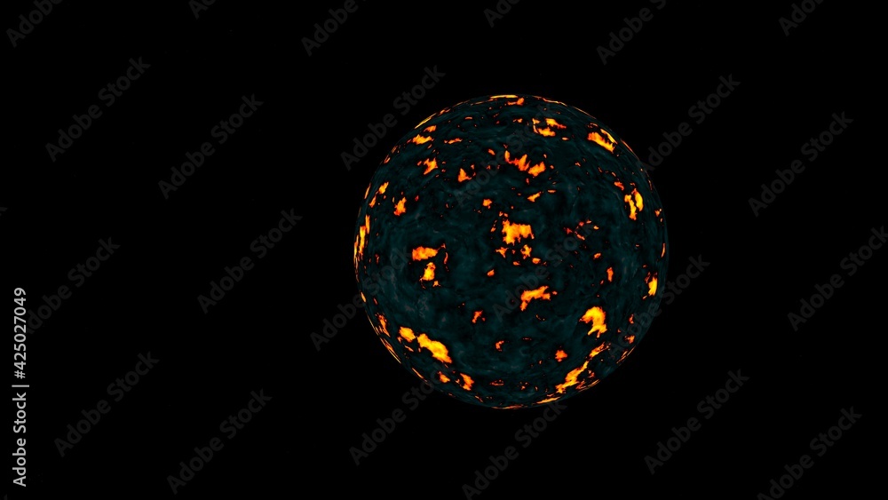 Poster simulation of a hot planet or other cosmic body on a black background. 3d rendering image.