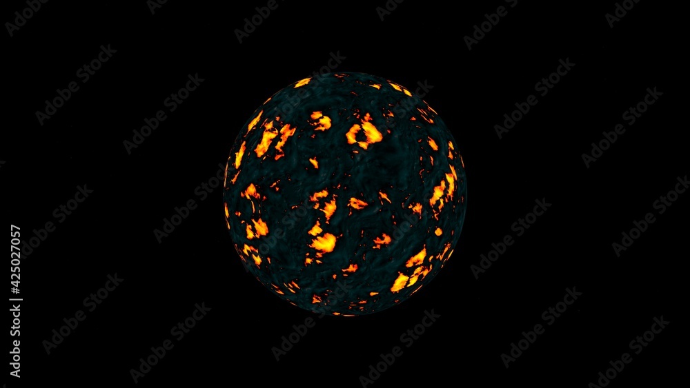 Poster simulation of a hot planet or other cosmic body on a black background. 3d rendering image.