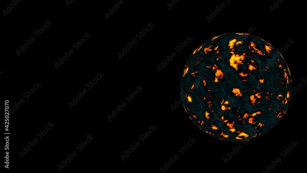 Poster simulation of a hot planet or other cosmic body on a black background. 3d rendering image.