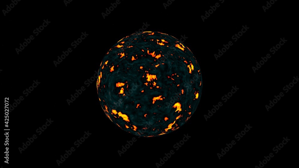Poster simulation of a hot planet or other cosmic body on a black background. 3d rendering image.