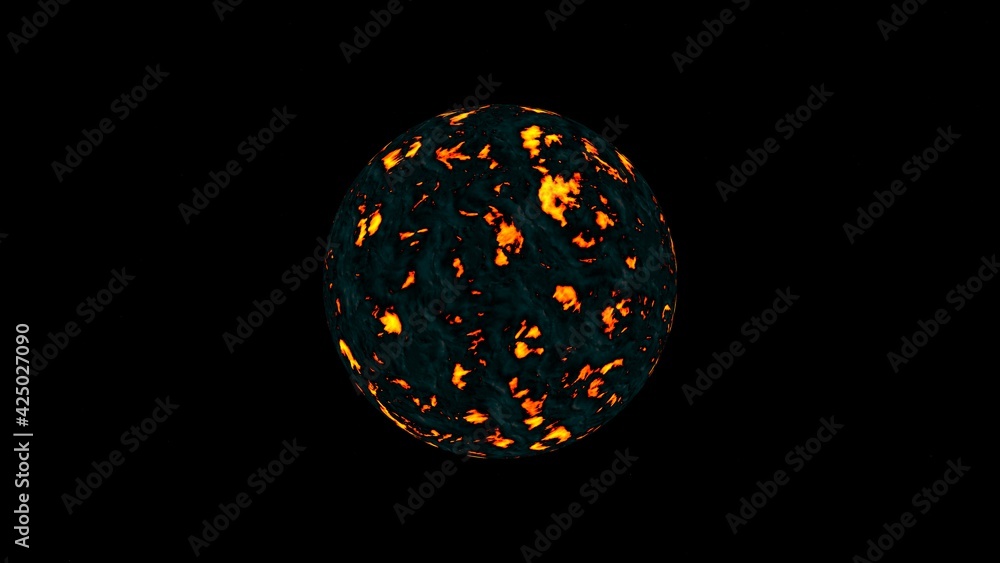 Poster simulation of a hot planet or other cosmic body on a black background. 3d rendering image.