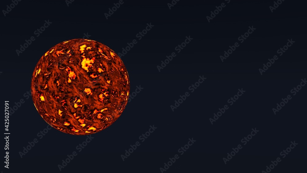 Poster simulation of a hot planet or other cosmic body on a black background. 3d rendering image.