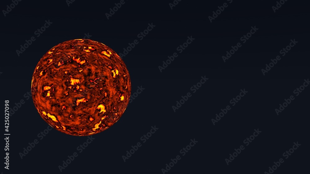 Poster simulation of a hot planet or other cosmic body on a black background. 3d rendering image.