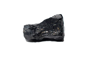 A piece of coal interspersed with copper pyrite on a white background. Natural black coal.