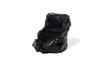 A piece of coal interspersed with copper pyrite on a white background. Natural black coal.