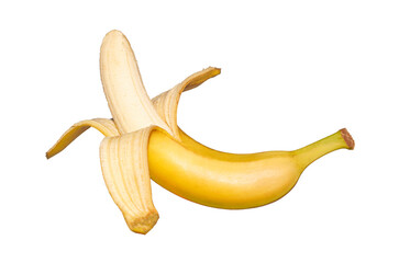 Peeled open banana isolated on white background.