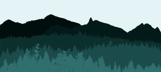 Forest silhouette, vector illustration. People camping, adventure and travel concept, beautiful forest, mountain and sky, exposure, vector illustration.	