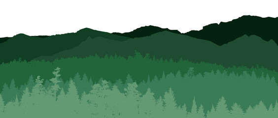 Forest silhouette, vector illustration. People camping, adventure and travel concept, beautiful forest, mountain and sky, exposure, vector illustration.	