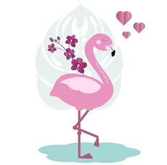 Pink flamingo stands in a puddle