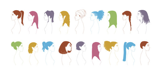 Group of diverse young people, female equality, different culture. Calm or smiling women, colorful sketch vector illustration, abstract concept.