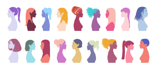 Fototapeta na wymiar Group of diverse young people, female equality, different culture. Calm or smiling women, colorful sketch vector illustration, abstract concept.