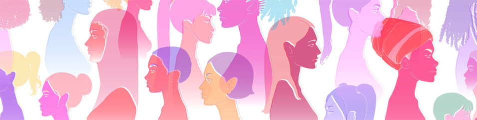 Group of diverse young people, female equality, different culture. Calm or smiling women, colorful sketch vector illustration, abstract concept.