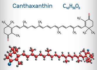 Canthaxanthin, molecule. It is carotenone, keto-carotenoid, terpenoid, biological pigment, food colouring E161g, fungal metabolite. Structural chemical formula and molecule model