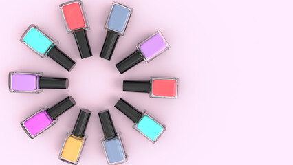 Circular array of bright beautiful and colourful nail polish bottles on light blue background . 3D...