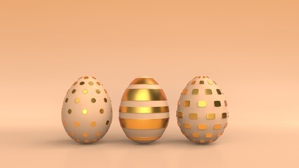 3 glossy and metallic Easter golden eggs .  Gold and eggs on Sunday. 3D render with copy space. 