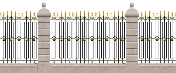Classic iron fence with stone pillars. Wrought iron fence. Gold decor. Elements of architecture. Luxury modern architecture. Palace. City. Street. Park. Blacksmithing. 3D rendering. Seamless. Isolated