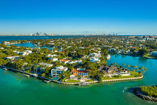 aerial drone view of Key Biscayne with downtown Miami skyline in the back