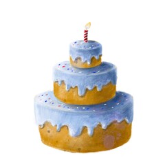 birthday cake with candle, watercolor and pencils food illustration