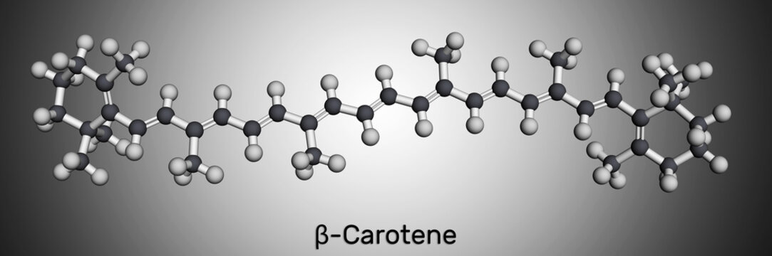 Beta Carotene, provitamin A, is an organic red-orange pigment in plants and fruits. Molecular model. 3D rendering.