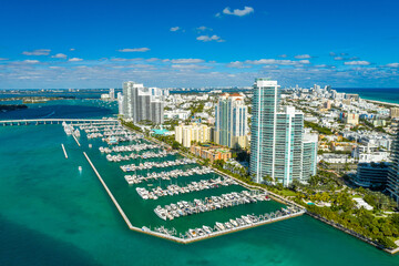 aerial drone view of Miami Beach marina in South Point