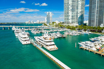 Fototapeta na wymiar aerial drone view of Miami Beach marina in South Point