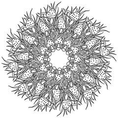 Mushroom mandala with spotted mushrooms and grass, ornate coloring page in the shape of a circle