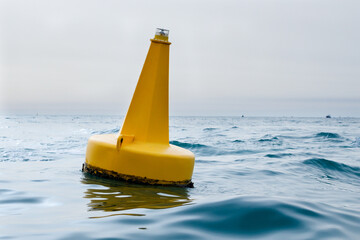 Yellow navigational sea buoy in the waves in the marina near Dubai - obrazy, fototapety, plakaty