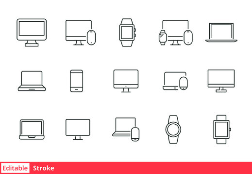 Modern Device Line Icon Set. Simple Outline Style For Web Sites And Mobile App. Computer, Laptop, Pc, Phone, Mobile Concept. Vector Illustration Isolated On A White Background. Editable Stroke EPS 10