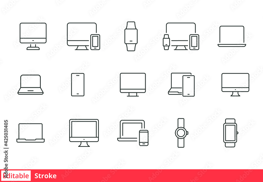 Poster modern device line icon set. simple outline style for web sites and mobile app. computer, laptop, pc