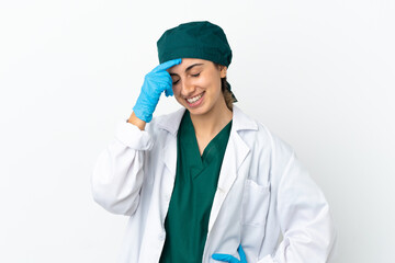 Surgeon caucasian woman isolated on white background laughing