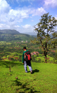 Hikers in the mountain and greenery top view