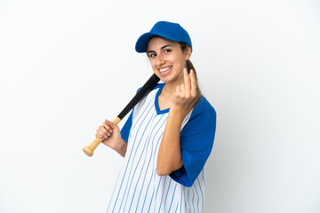 Young caucasian woman playing baseball isolated on white background making money gesture