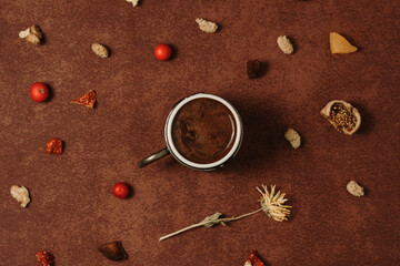 Turkish coffee authentic cup on brown background