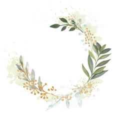 Obraz na płótnie Canvas watercolor and gold wreath| foliage wreath | leaves wreath|wedding wreath|watercolor and gold frame
