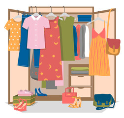 Female wardrobe or closet. Summer woman shoes, bags and clothes hanging on hangers, lying on shelves and standing on the floor. Colorful flat cartoon vector illustration