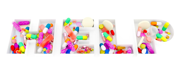 Help lettering, medication container and pills in the form of help lettering. Drug addiction, detoxification. Pills, various medicines, on prescription. Copy space for text on a white background. 3d 