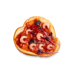 Open sandwich with shrimps and amaranth microgreens. Homemade sandwich with toaster bread isolated on white background, top view. Delicious shrimp sandwich close-up