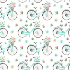 "Bicycle and flowers" watercolor seamless pattern, illustration. Summer print on a white background. Provence style pattern. Peony flowers, daisies, a bicycle with a basket. For printing.