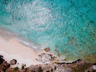 Playa Kalki Curacao tropical Island in the Caribbean sea, Aerial view over beach Playa Kalki on the...