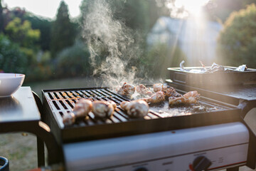 Close up of a bbq grill with meats cooking on them, sun flare in the background is catching the smoke
