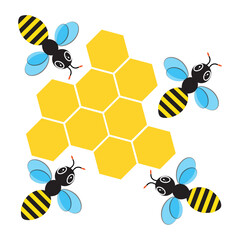 Flying Bee with honeycomb isolated on white background vector illustration.